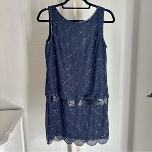 Adrianna Papell Navy Blue with Black Scalloped Bead Drop Waist 1920s Mini